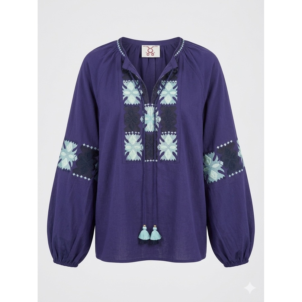 Figue Embroidered Peasant Blouse Large Blue Cotton Boho Artisan Tassel Resort